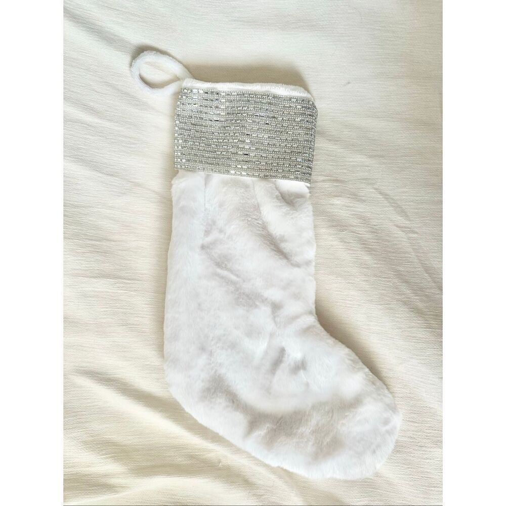 Jason Wu White Faux Fur Christmas Stocking w/ Rhinestone Cuff – Holiday Decor